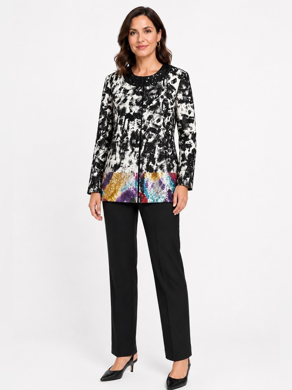 CHICO’S Cotton Geisha Sequin Embellished Hook and Eye Front Close Jacket Lined L